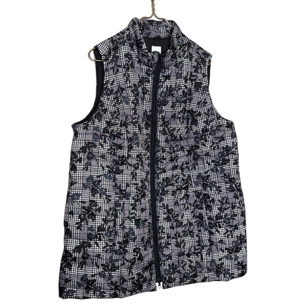 J. Jill Down Women Quilted Puffer Vest‎ Black Floral Zip Up Pockets Full Zip XL
